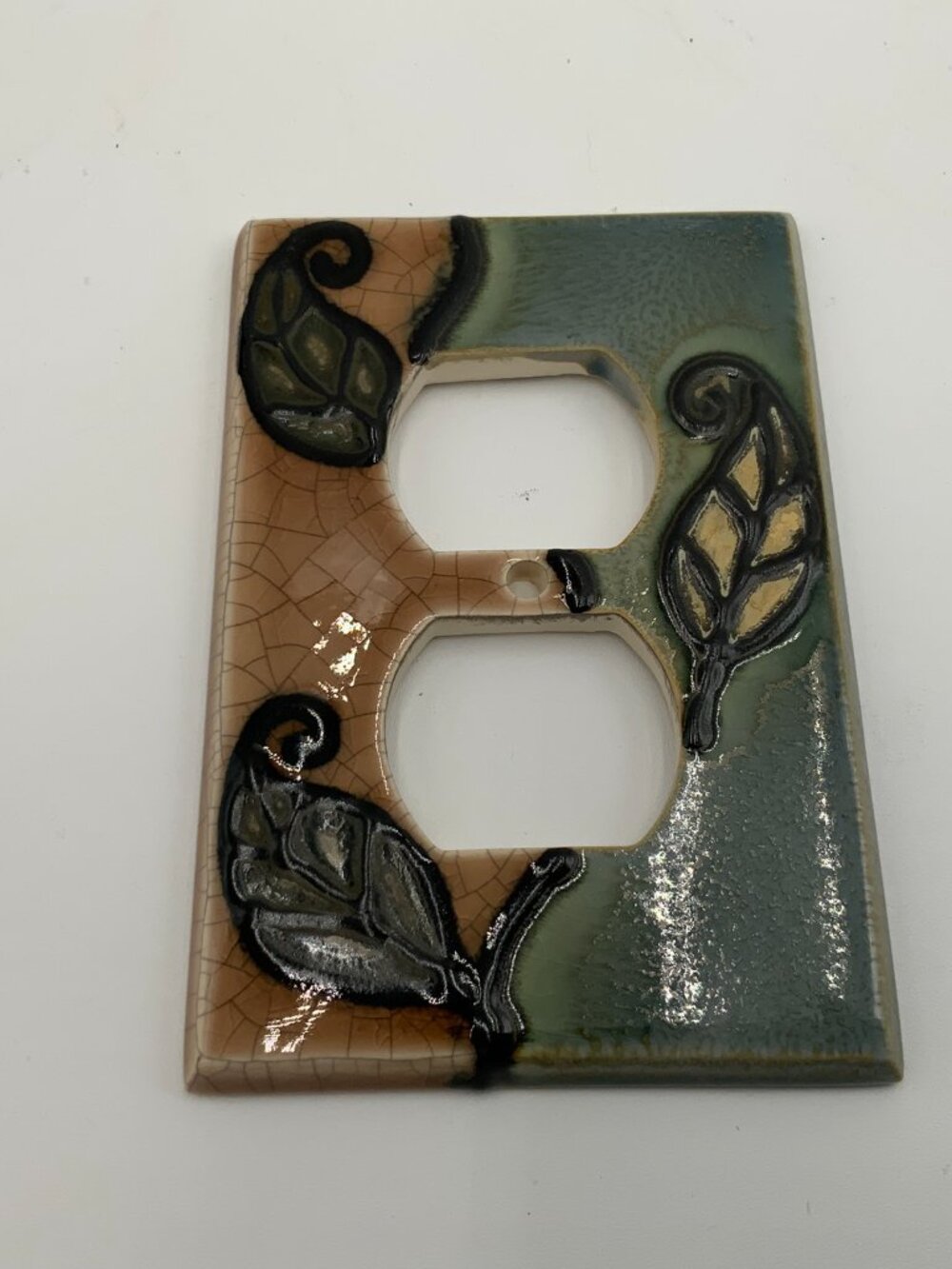 All Fired Up Hand Painted Ceramic Electric Duplex Outlet Plate Earthy Leaves
